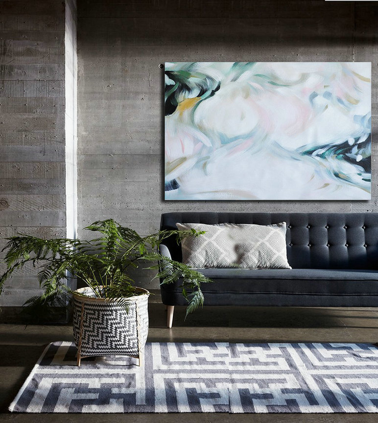 Original Artwork Extra Large Abstract Painting,Oversized Horizontal Abstract Art,Modern Wall Decor,White,Pink,Black,Green.etc